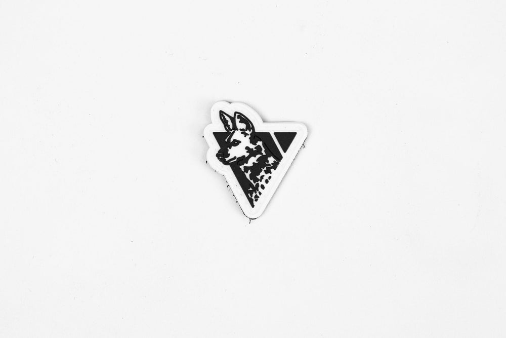 Dirty Civilian Logo Patch, front view of black-and-white PVC wild dog head over a triangle on white