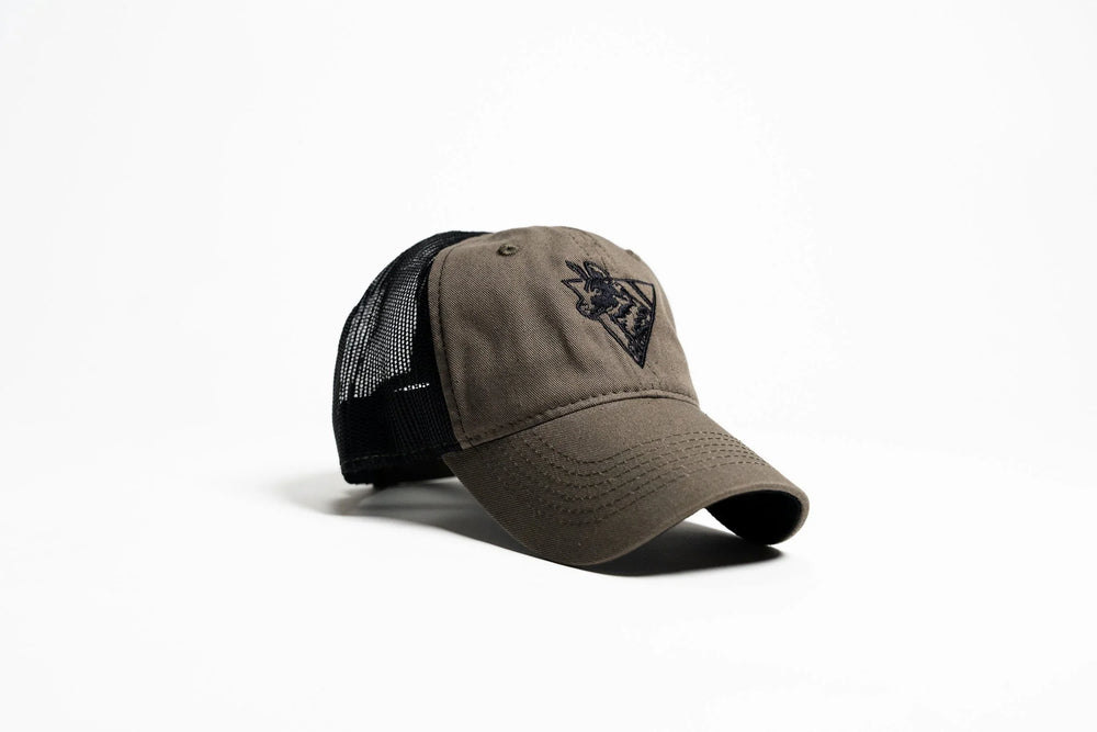 Team Cap in olive-brown twill with black mesh back, three-quarter front view showing embroidered dog logo
