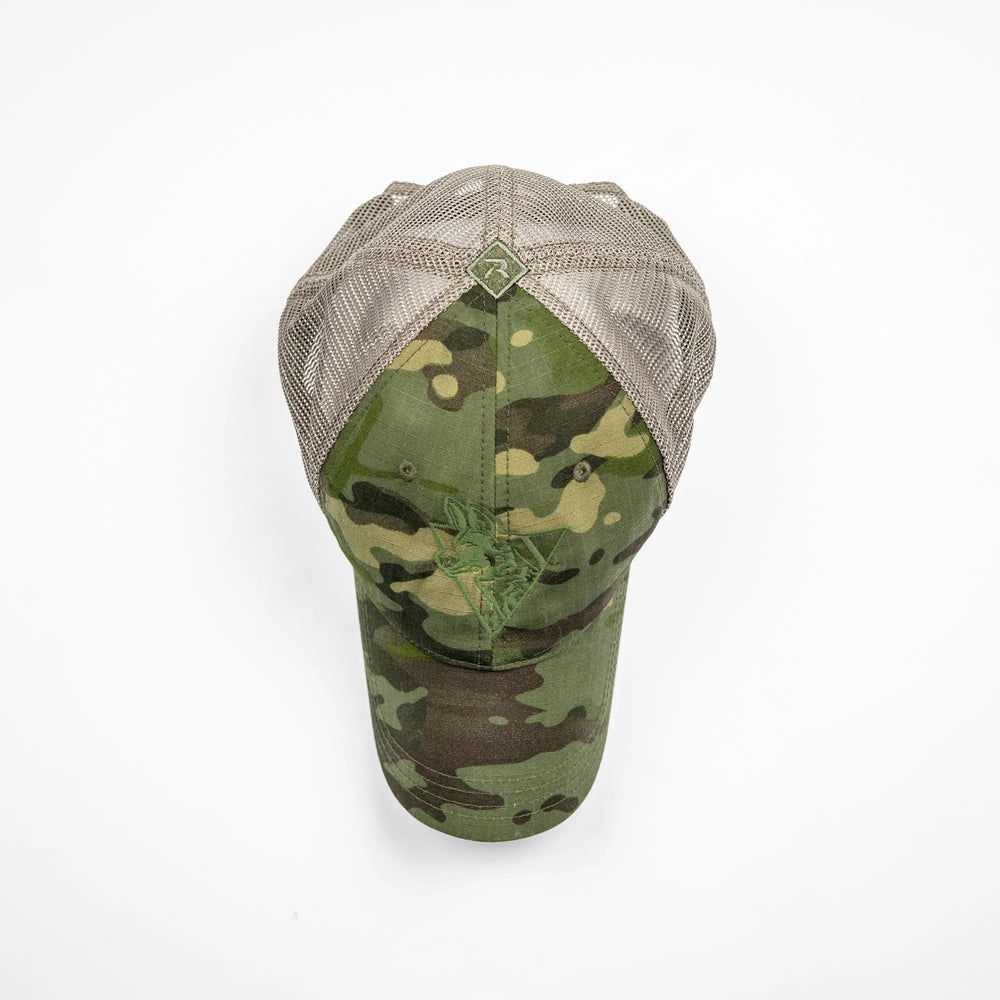 Camo Team Cap in green MultiCam Tropic, top-down view showing tan mesh back panels, buttonless crown, and tonal donkey logo