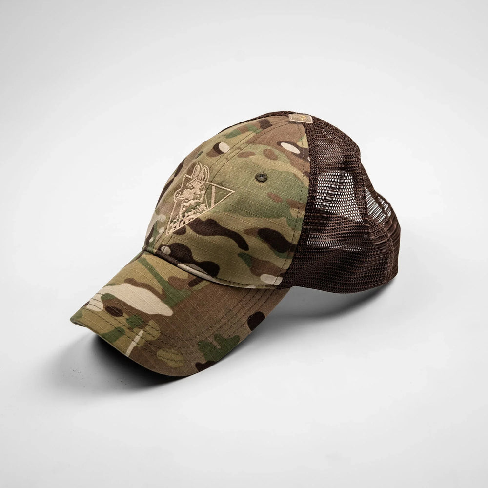Camo Team Cap in Multicam ripstop, three-quarter front view with tan embroidered logo and brown mesh back panels