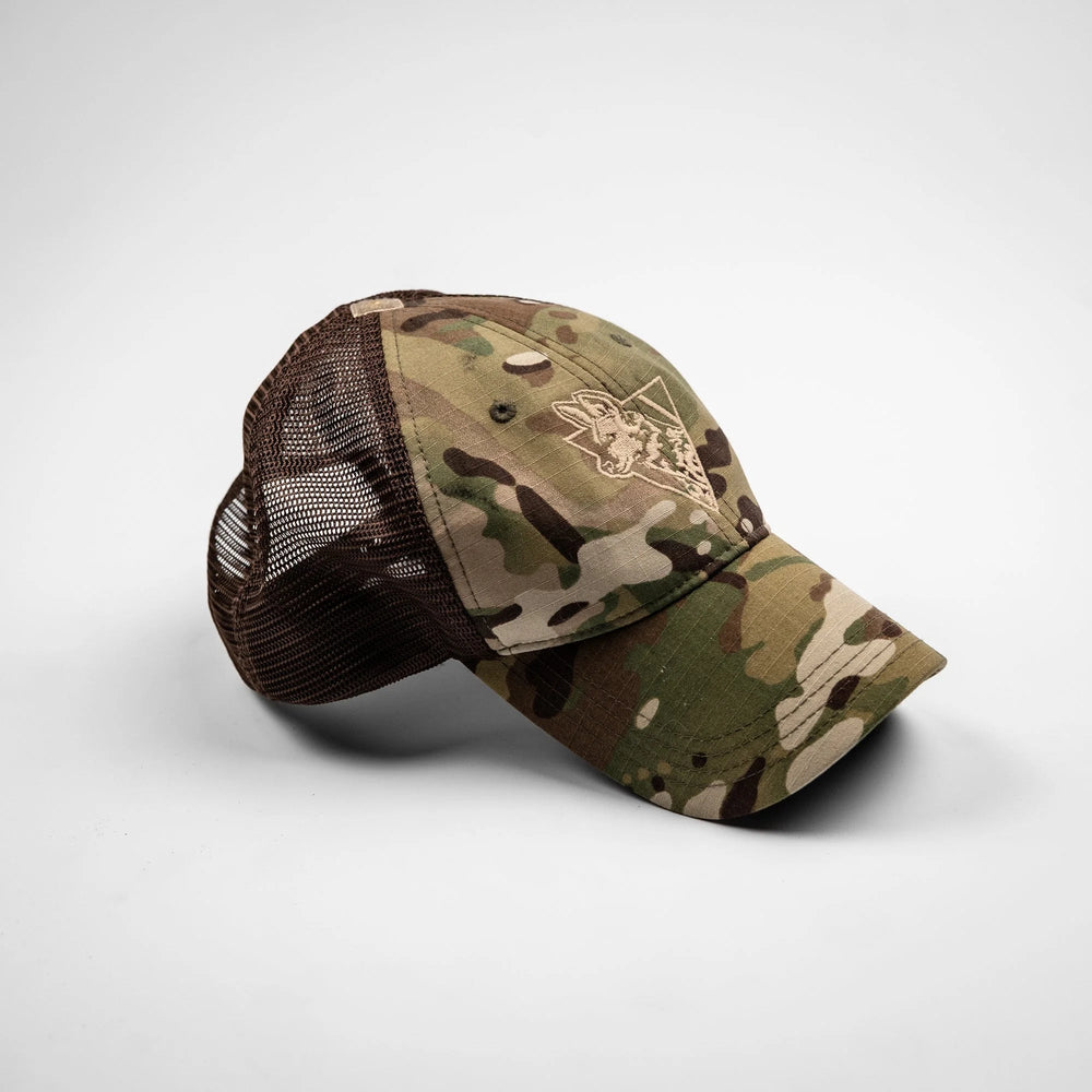 Camo Team Cap in Multicam, three-quarter front view with tan embroidered logo and brown mesh back panels