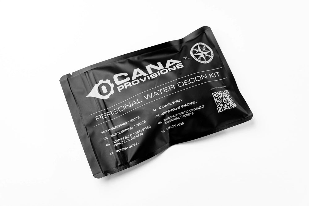 CANA Provisions Personal Water Decon Kit black matte foil pouch, flat-lay showing white logo, contents list and QR code