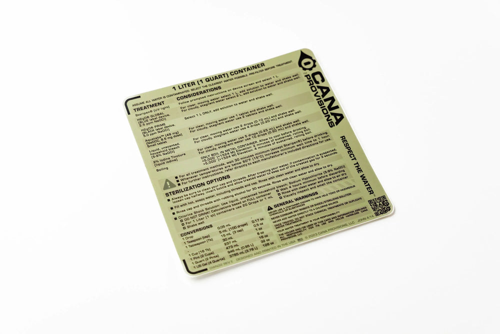 CANA Provisions Nalgene water decon decal, olive-green square printed with treatment and conversion charts, angled view