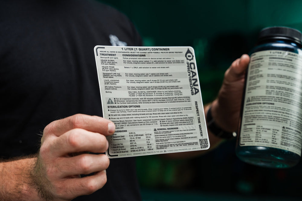 Hand holding CANA Provisions water decon decal with printed treatment charts, decal-wrapped Nalgene bottle behind