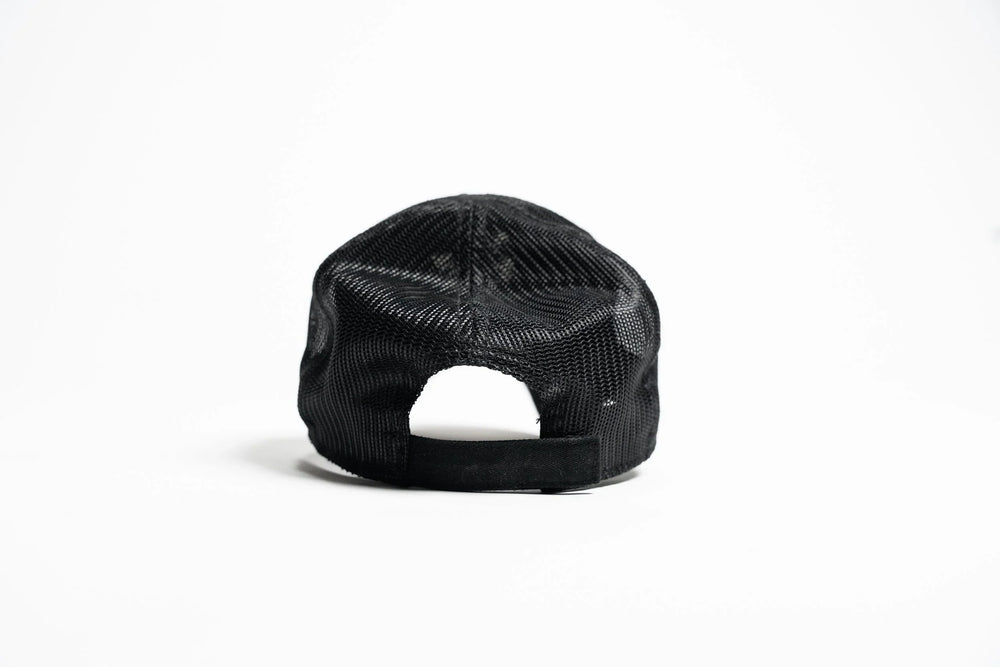 Dirty Civilian Team Cap, all-black mesh-back ballcap shown from the rear with open velcro strap closure