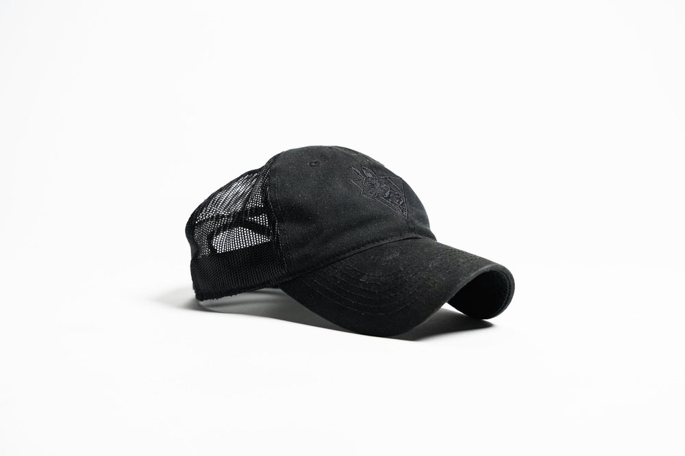 Team Cap in all-black, three-quarter view showing mesh back panel and tonal embroidered African Painted Dog logo