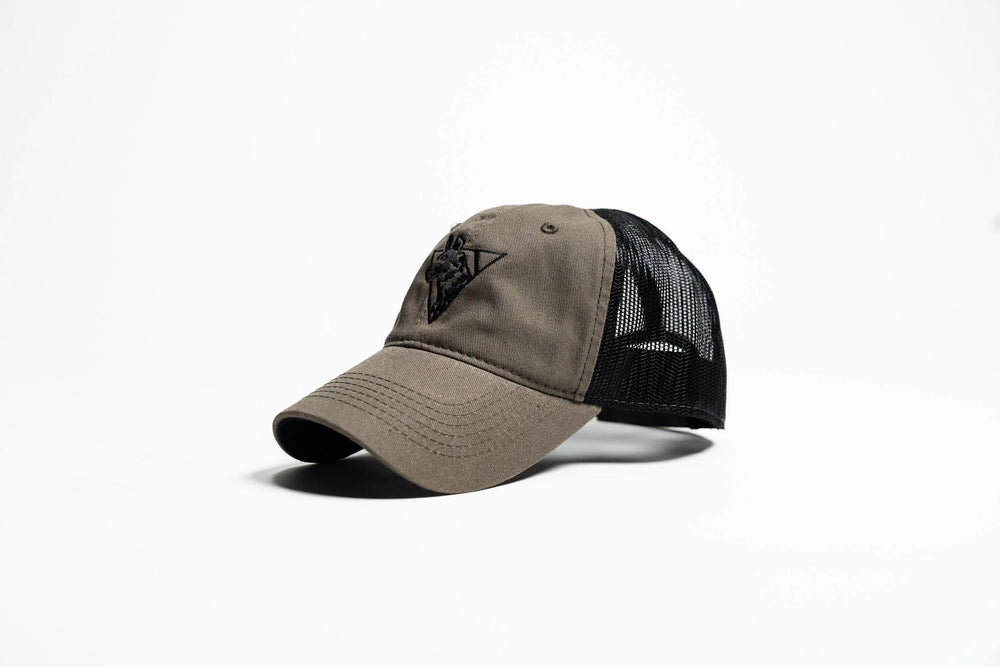 Olive Team Cap, three-quarter front view showing tonal embroidered African Painted Dog logo and black mesh back
