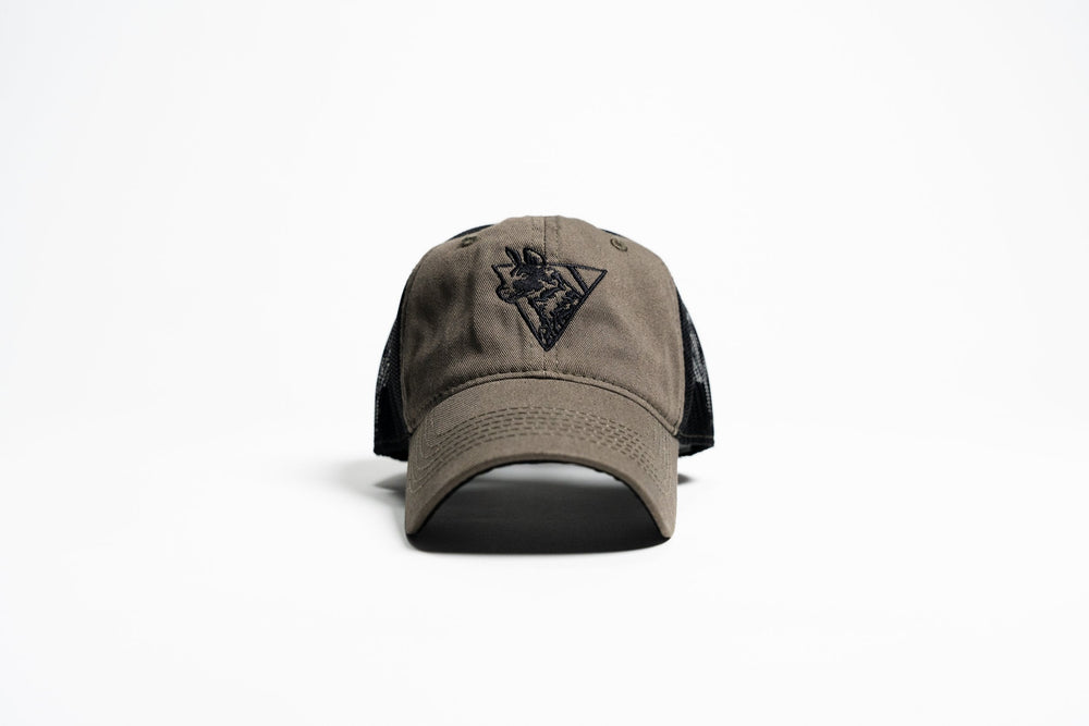 Team Cap in olive green with black mesh back, front view showing embroidered black African painted dog triangle logo