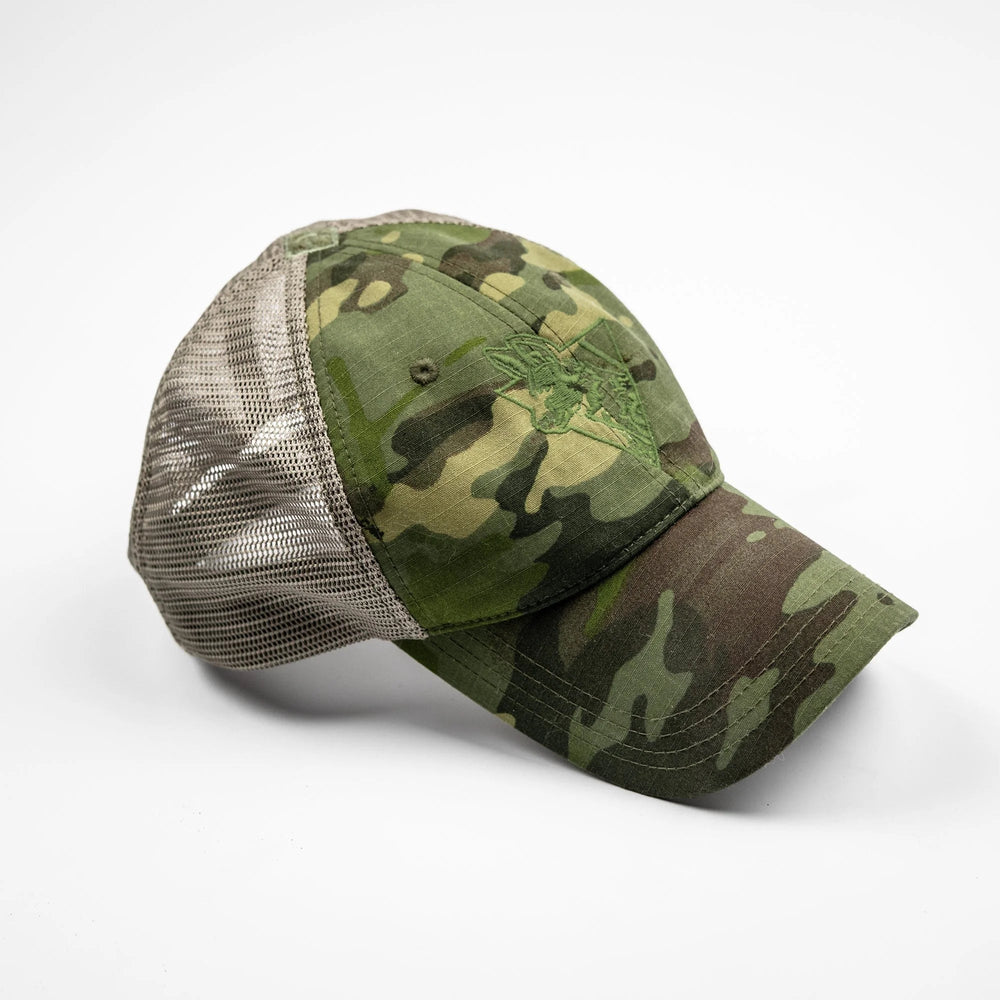 Camo Team Cap in MC Tropic green camo with tan mesh back and tonal green embroidered logo, three-quarter front view