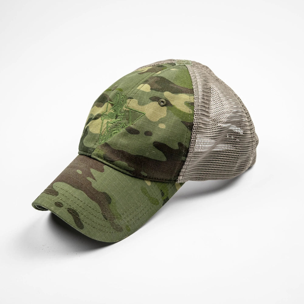 Camo Team Cap in MC Tropic green multicam, three-quarter front view with tonal embroidered logo and tan mesh back