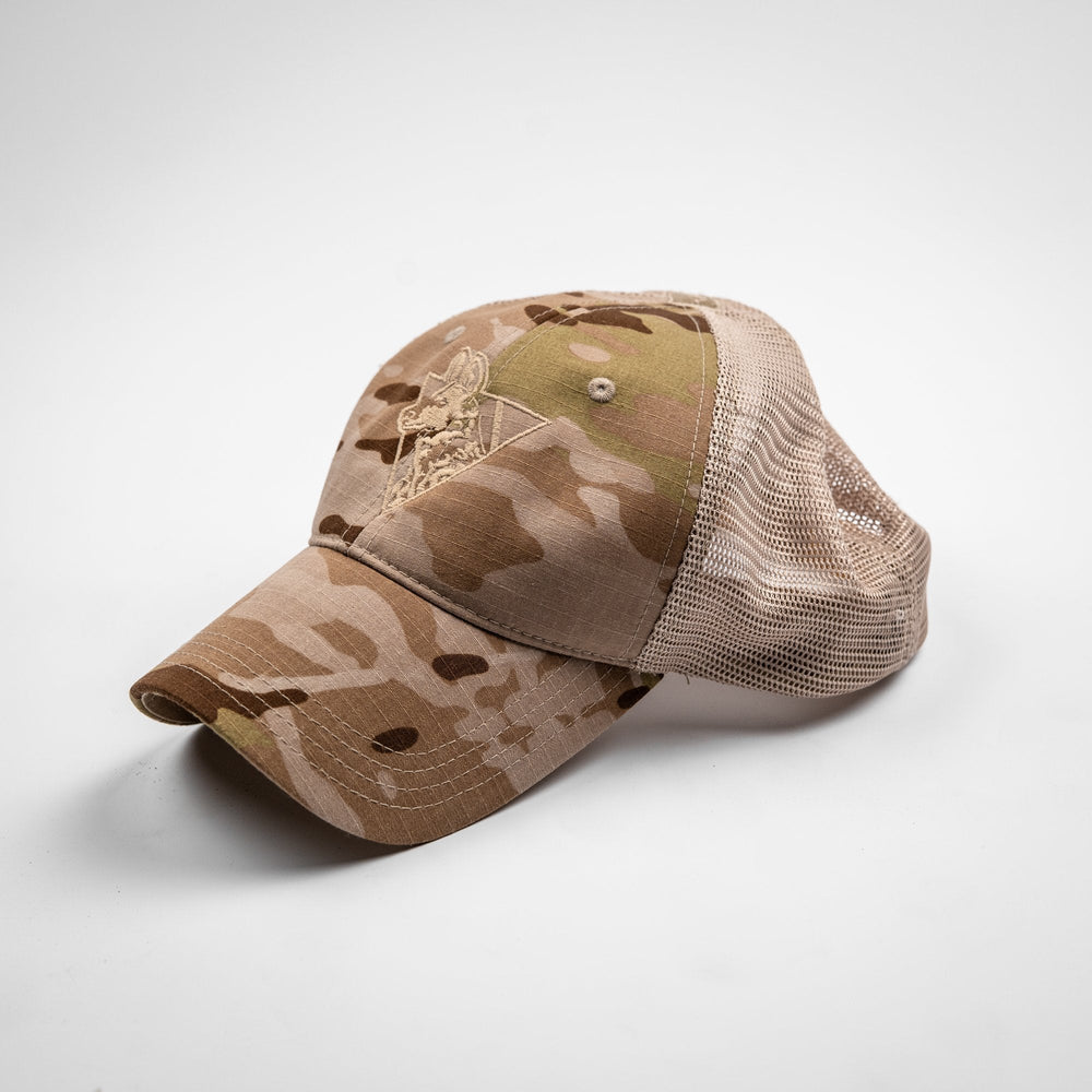 Camo Team Cap in MC Arid multicam with tan mesh back and tonal embroidered logo, three-quarter front view