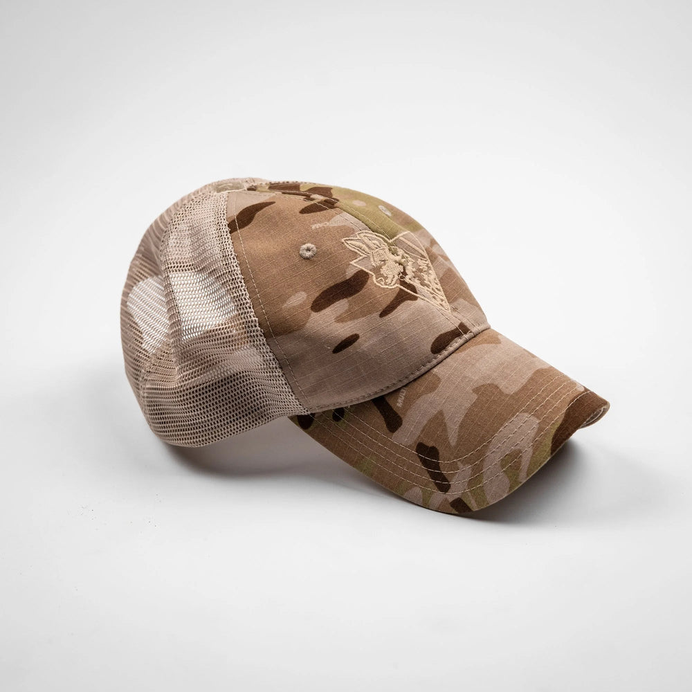 Camo Team Cap in MC Arid tan camo, three-quarter view with mesh back panels and tonal embroidered front logo