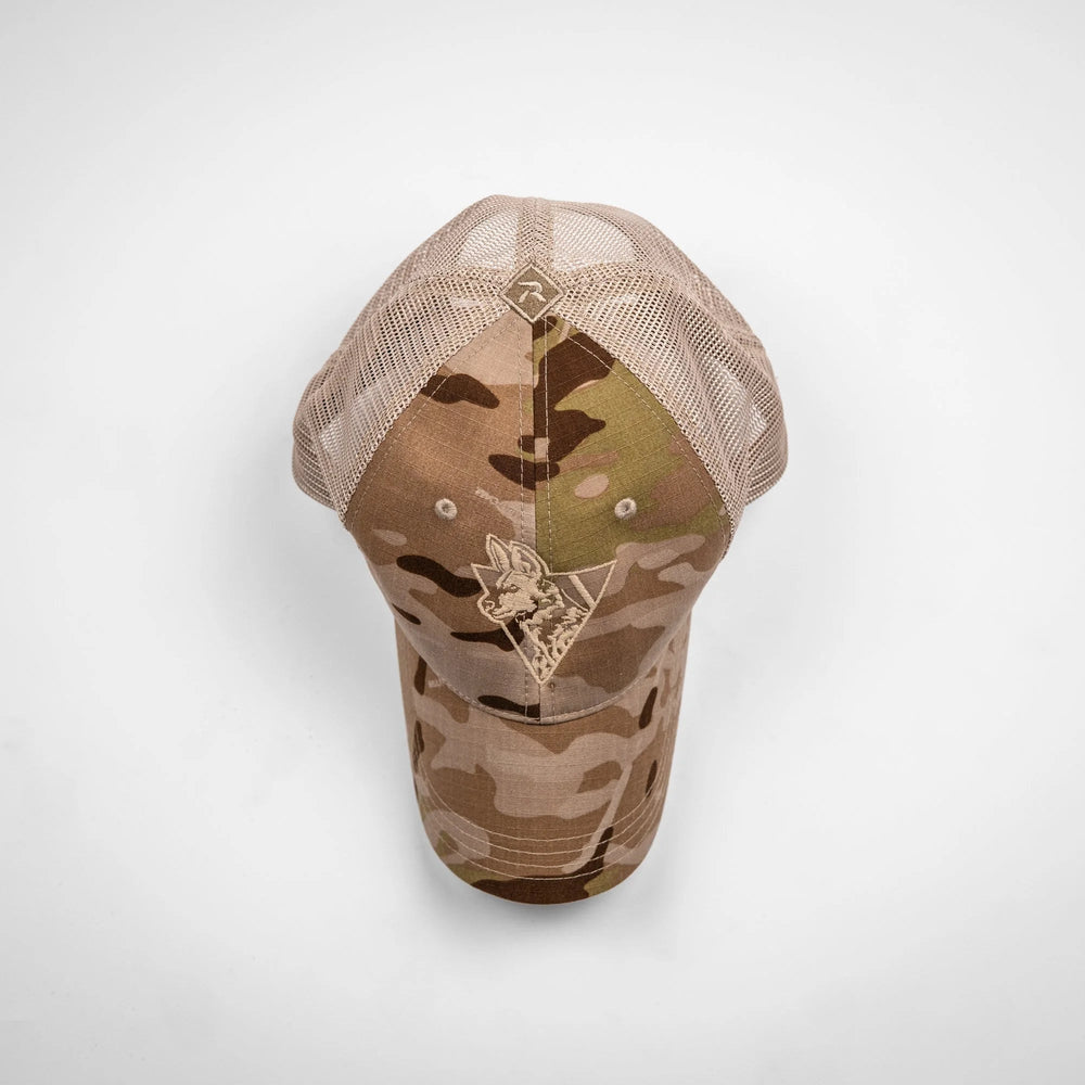 Camo Team Cap in tan MC Arid camo, top-down view showing khaki mesh back and embroidered fox-head crown logo