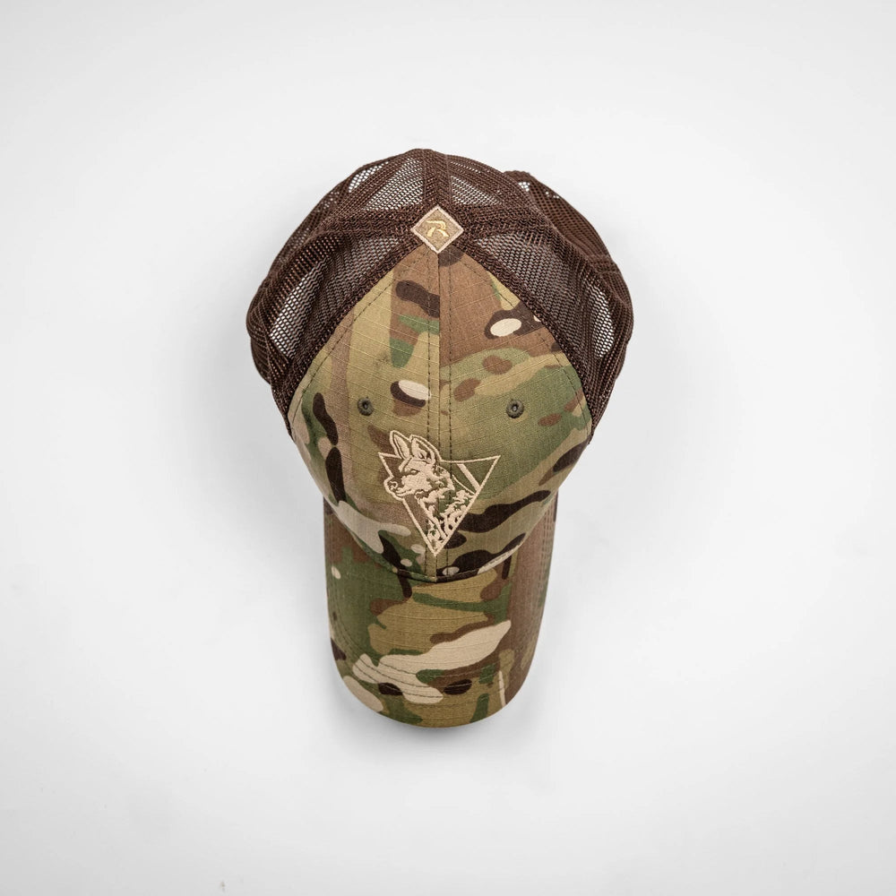 Camo Team Cap in Multicam with brown mesh back, top-down view showing tan embroidered fox logo and buttonless crown