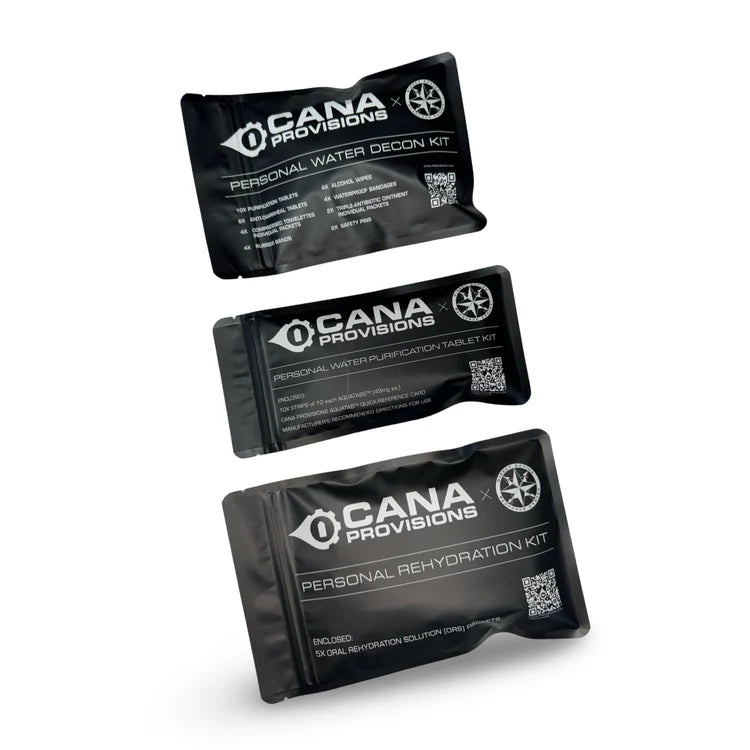CANA Personal Decon Combo Kit, three black CANA Provisions pouches labeled Water Decon, Purification, and Rehydration kits