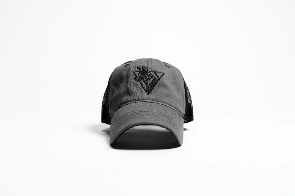 Gray Team Cap, front view, with black mesh back and tonal embroidered African Painted Dog logo in a triangle