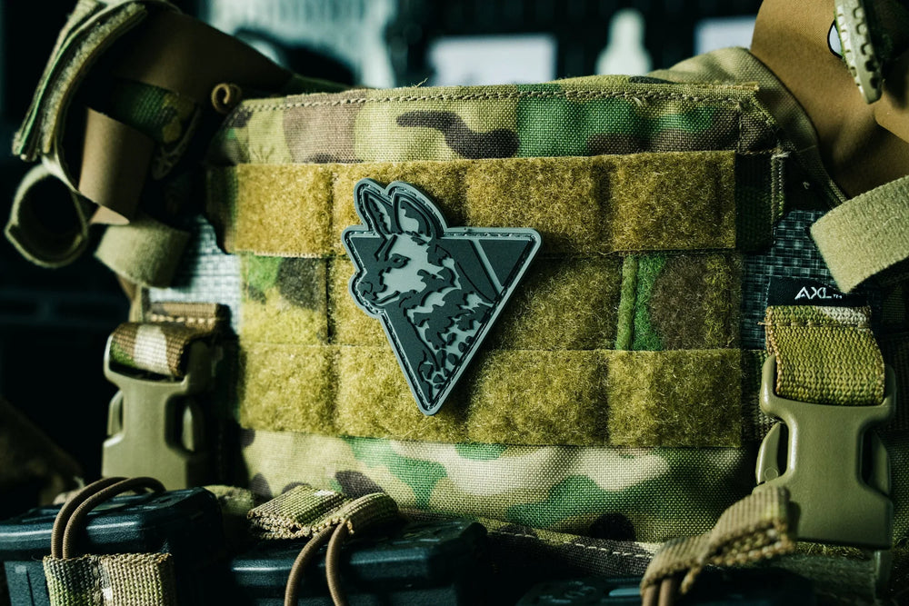 Gray PVC Dirty Civilian Logo Patch on MultiCam plate carrier velcro, wild dog head and triangle emblem, worn shot
